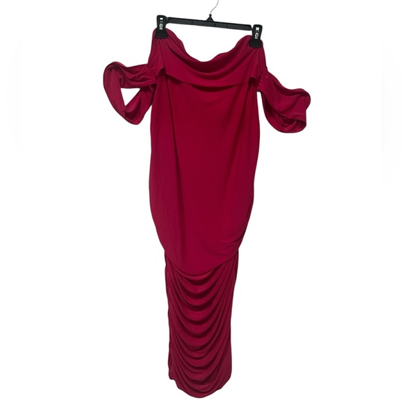 Club L London Hot Pink  Ruched Bardot Mid Dress US Size 14 - Picture 4 of 8